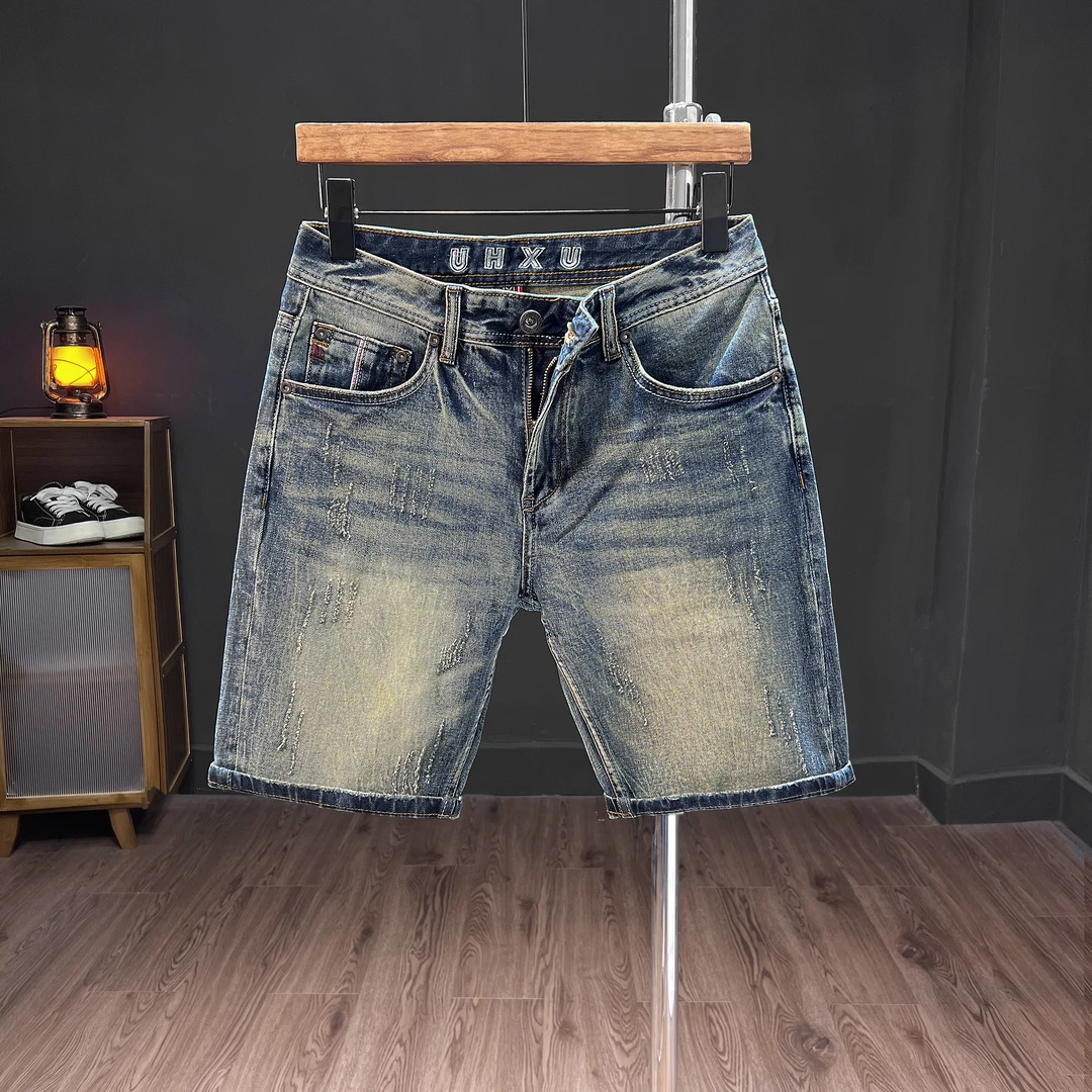 弹力牛仔五分裤男 修身直筒男士复古水洗牛仔短裤夏季ins潮大码