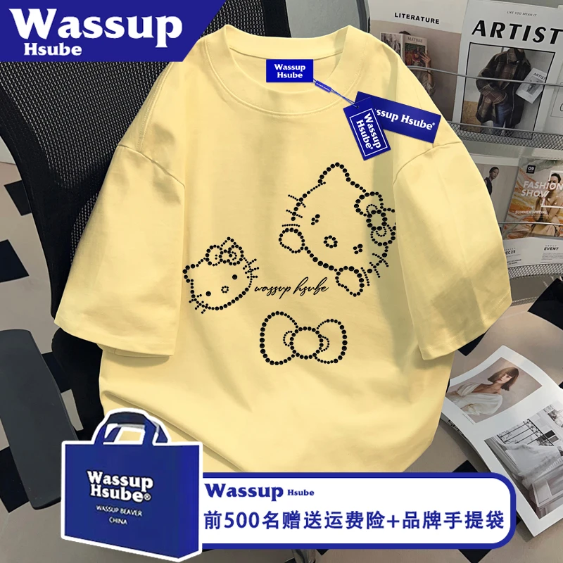 WASSUP HSUBE卡通凯蒂猫印花T恤ins男女奶黄色上衣夏季100%棉短袖