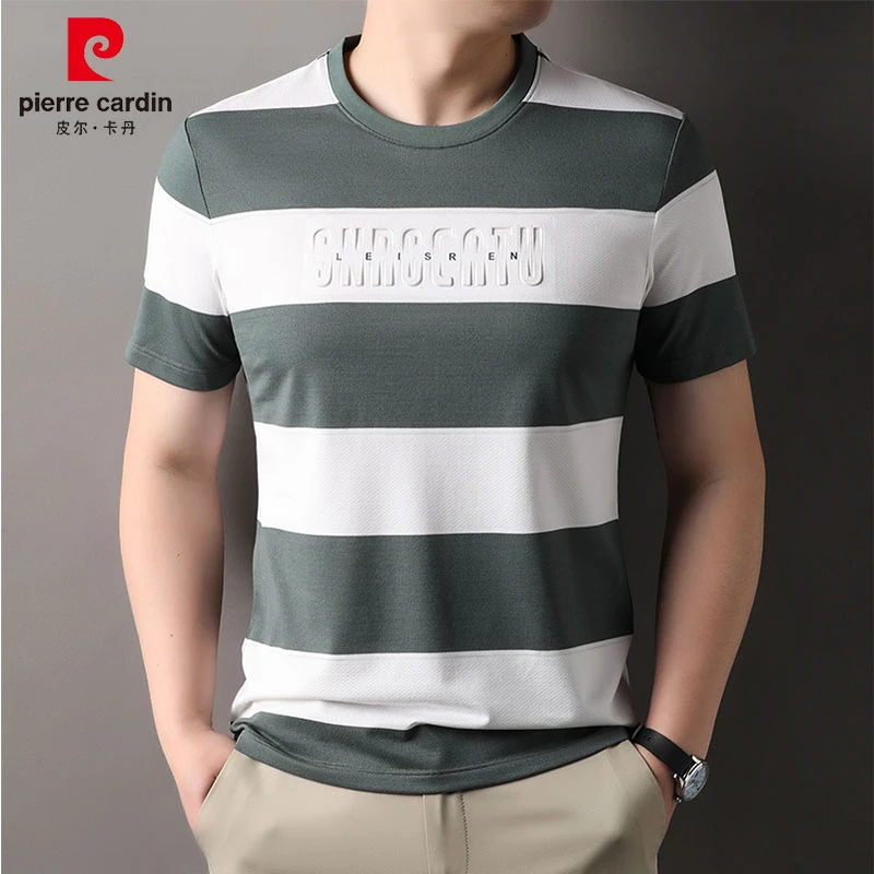皮尔卡丹圆领条纹夏季短袖T恤百搭时尚半袖男装商务上衣韩版