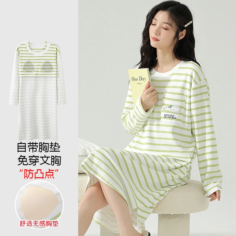 浪莎棉质长袖睡裙女秋冬季睡衣女带胸垫防凸点家居服连衣裙可外穿