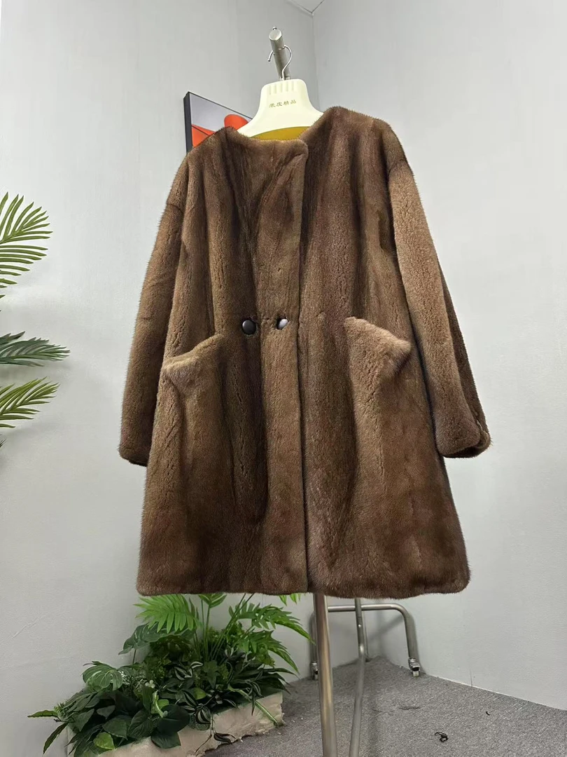 新款咖啡色圆领马蹄袖貂貂大衣超皇冠紫金天鹅绒短二毛冬天保暖