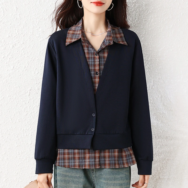 【女神新衣】2025秋季新品时尚显瘦假两件减龄拼接格子长袖上衣