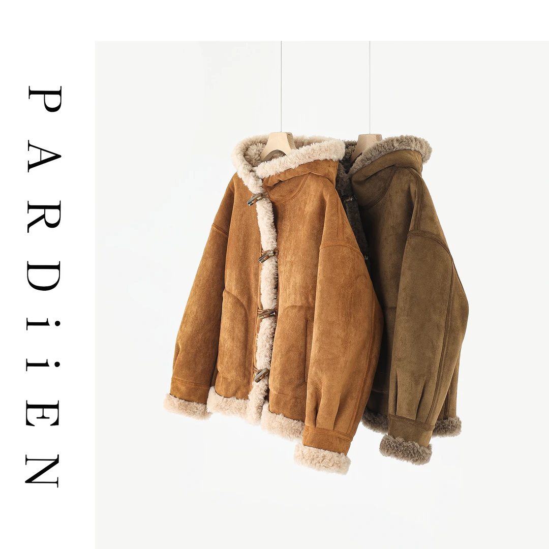 【北总严选】帕迪恩牛角扣翻边连帽羊筋绒羊毛外套68129