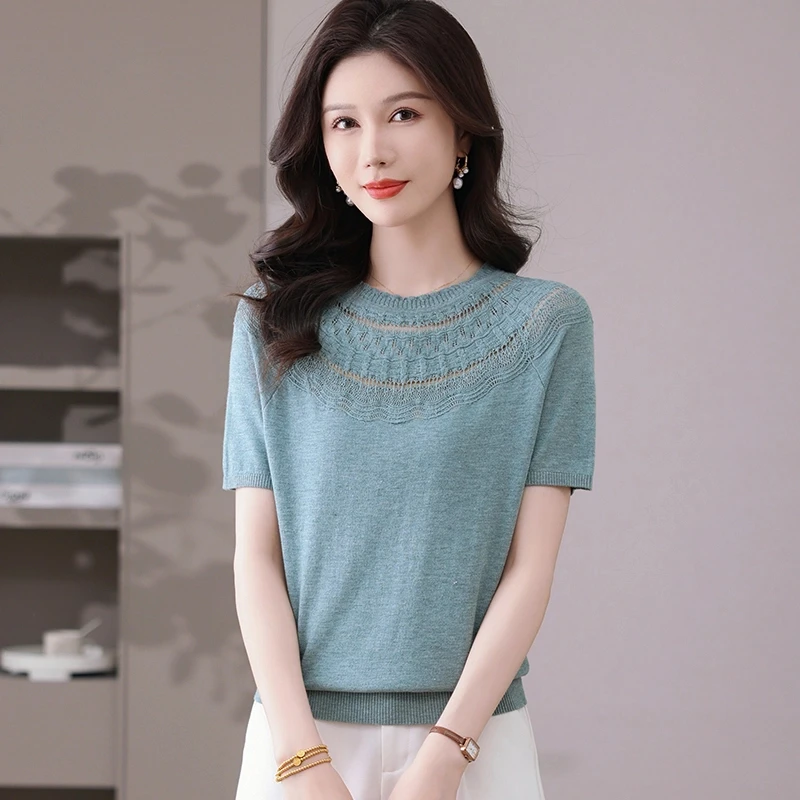 【莱赛尔天丝】夏季新款圆领时尚短袖针织衫镂空百搭清凉薄款上衣女