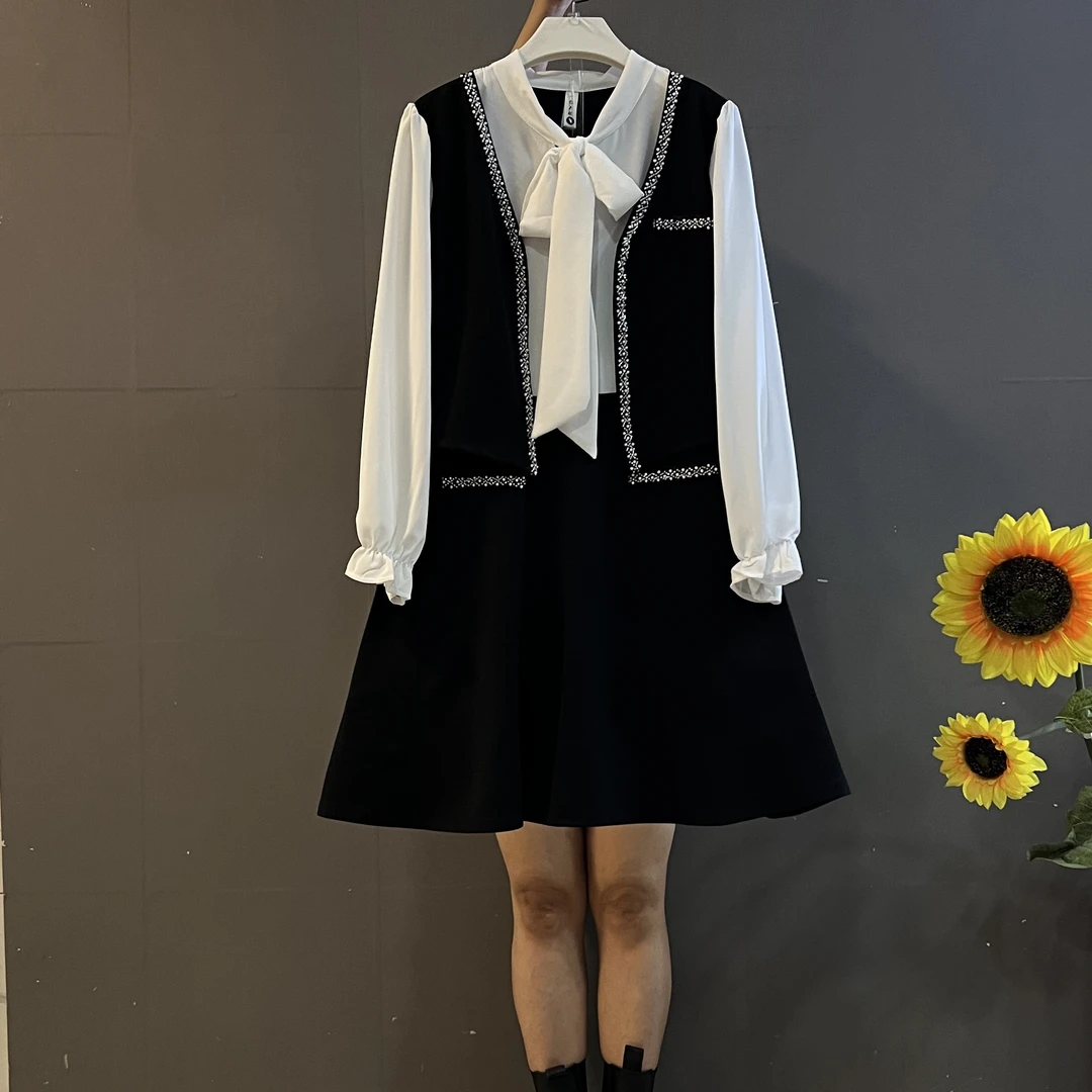 新款法式小香高级感重工钉珠系带拼接假两件时尚显瘦连衣裙