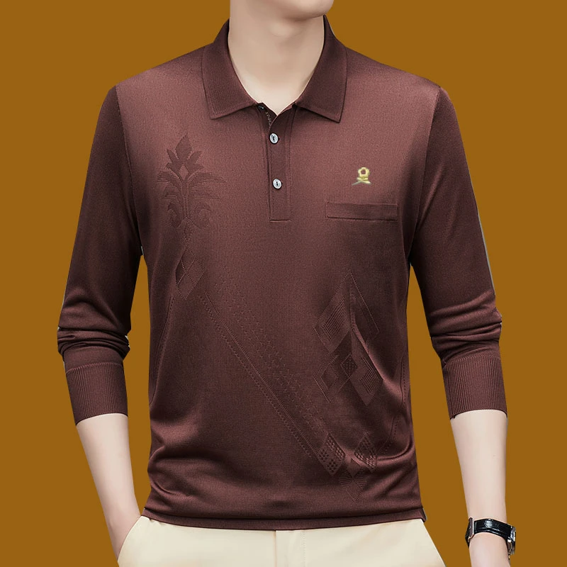 【专柜正品】法国轻奢刺绣中年翻领长袖T恤中年polo大码桑蚕丝爸爸T