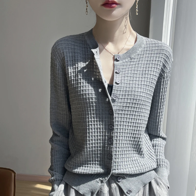 品牌时尚女装春秋圆领针织开衫女外套长袖纯色显瘦外搭打底上衣