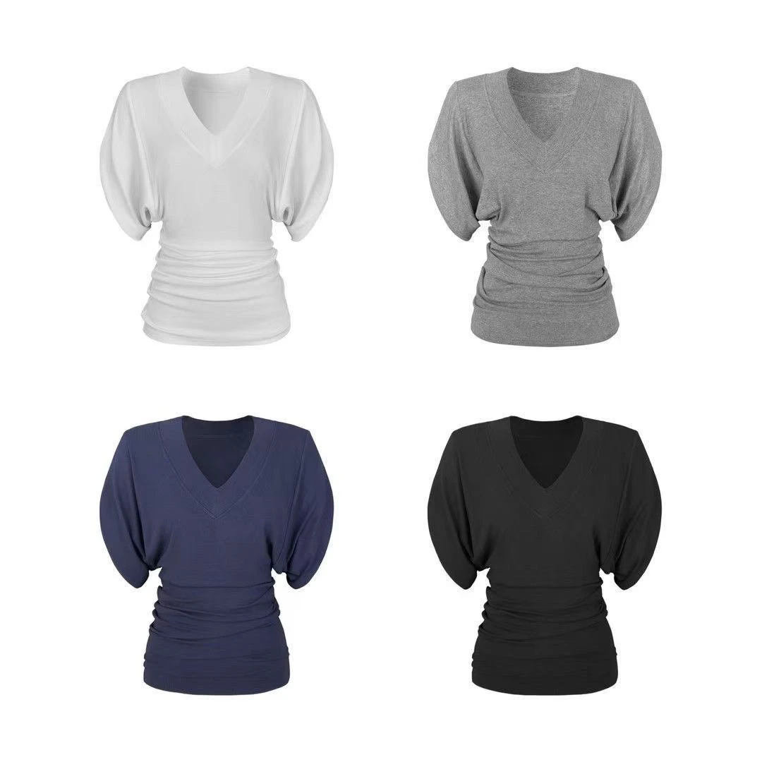 纯欲风夏季新款v领短袖t恤女蝙蝠袖上衣收腰高级纯欲慵懒风女装