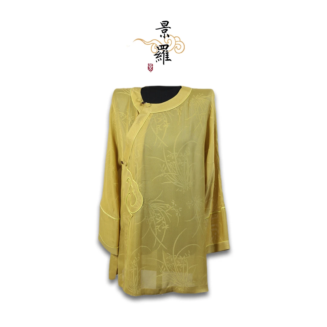 景罗【揣逍遥】新款夏季新国风新中式宽松黄色红色磅斜襟桑蚕丝上衣