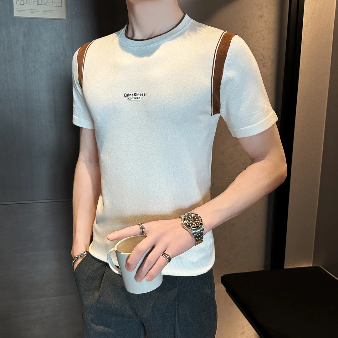 秋季2025新款圆领拼接短袖针织毛衣设计感潮流撞色T恤男士打底衫