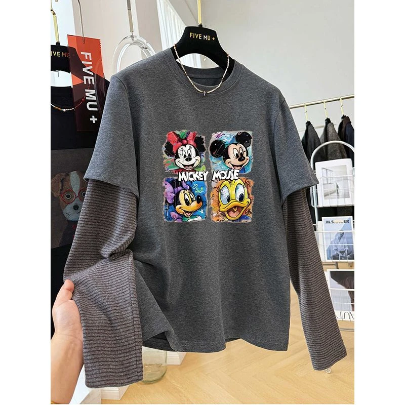 大码300斤美式卡通动漫假两件t恤男女秋冬德绒宽松中长款长袖上衣