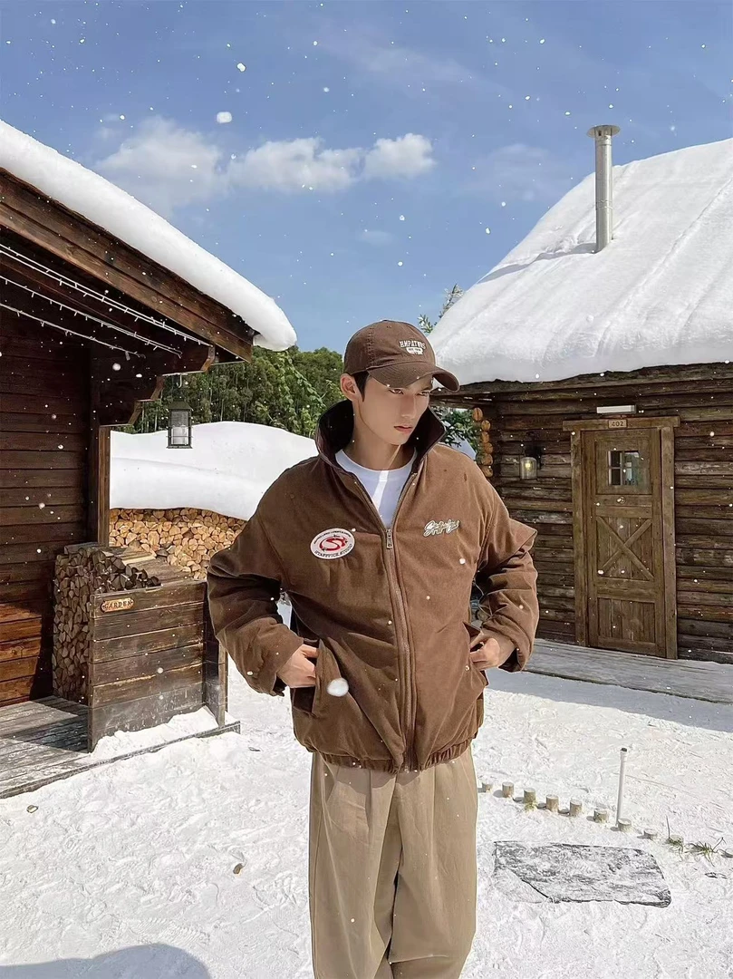 美式休闲翻领加厚美拉德棉衣外套男复古百搭设计感时尚棉服-2408