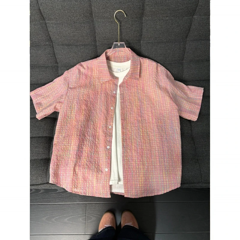肌理感泡泡纱短袖衬衫男夏季纯粉色格纹衬衣短袖叠穿半袖情侣外套