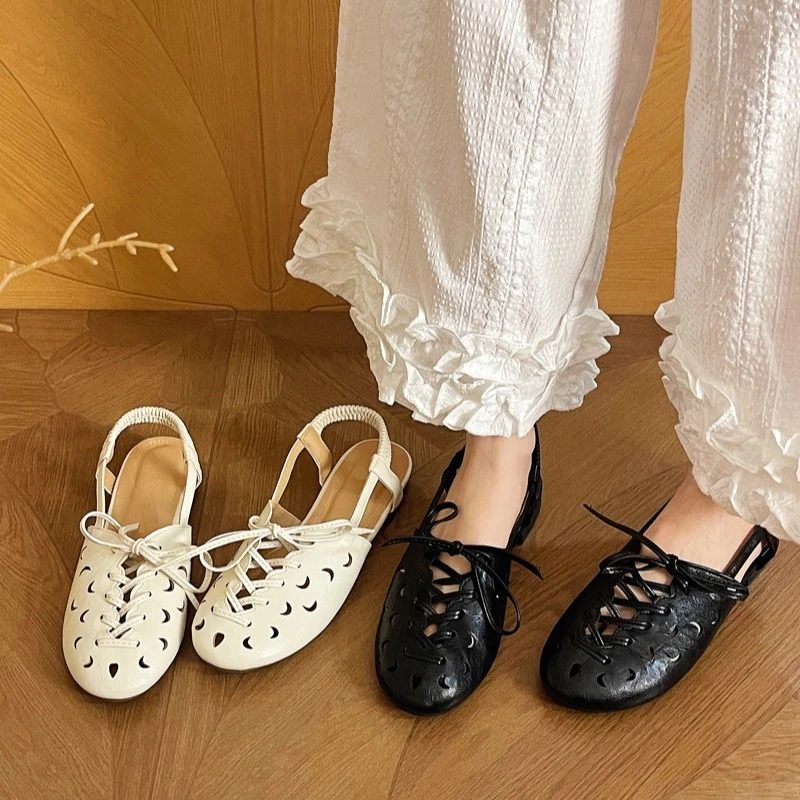 美猫汇真皮底2025法式复古女2cm重工镂空系带后绊带包头后空凉鞋