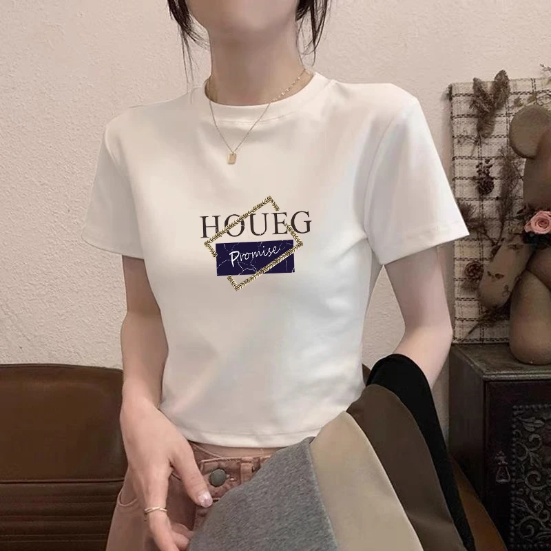 小众正肩圆领修身显瘦短袖t恤2025夏季新款休闲字母印花女装上衣