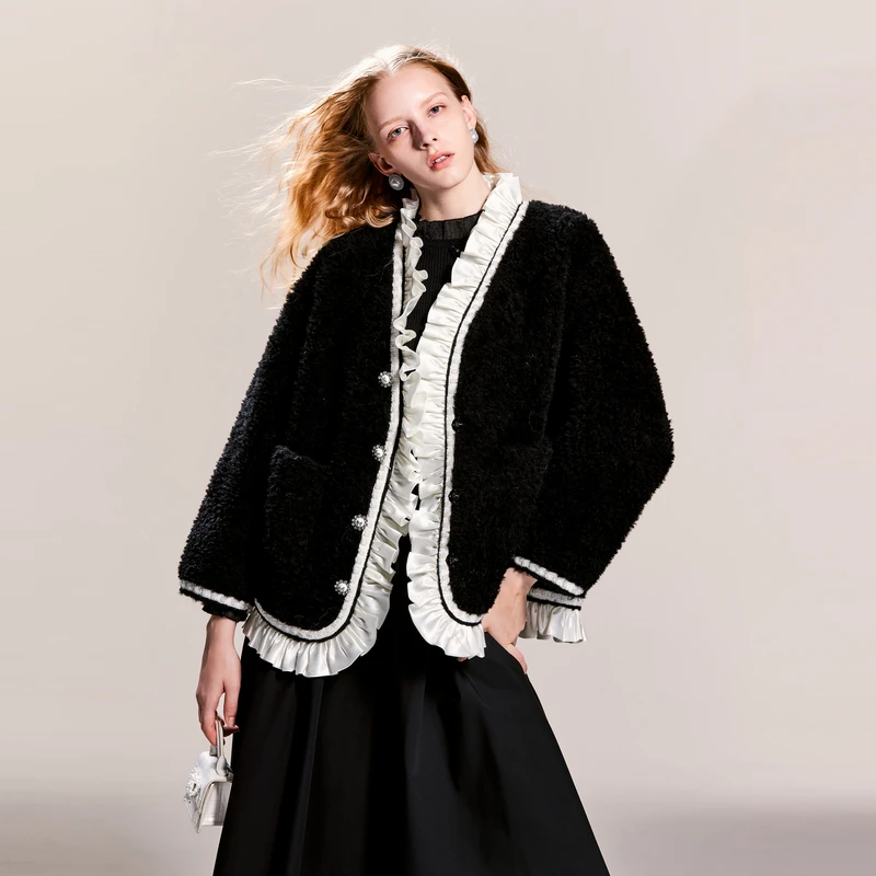 人造皮草 可可尼cocoon绵羊毛新款蝴蝶结花边大衣黑色外套
