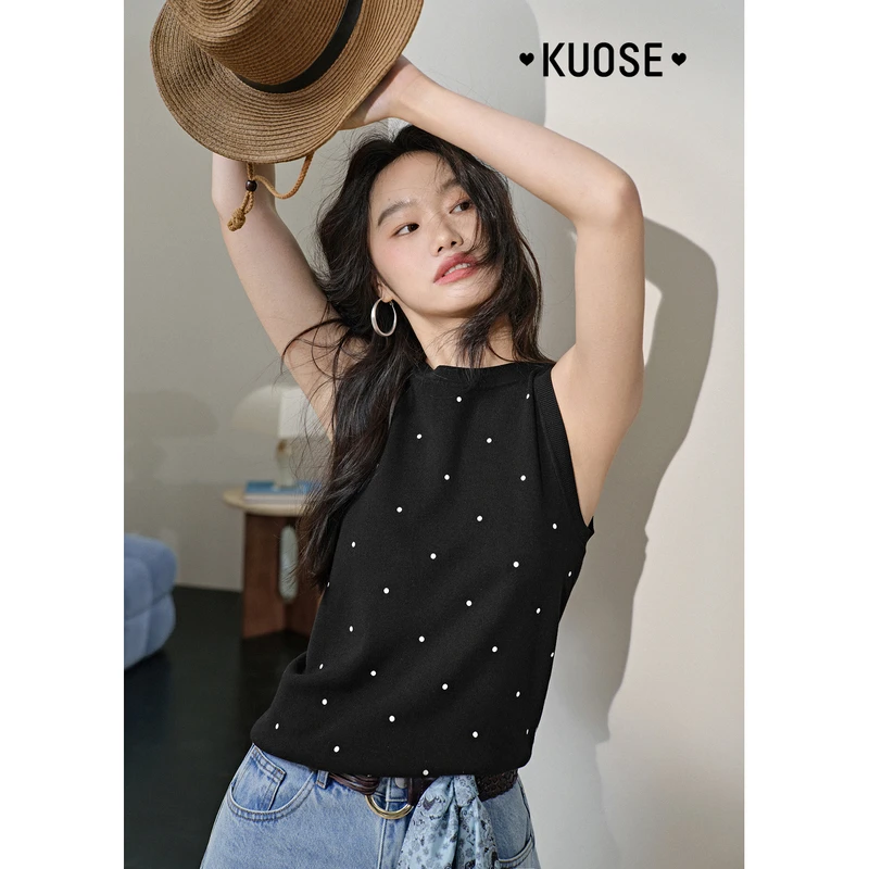 阔色波点印花吊带背心2025春夏新修身显瘦内搭针织上衣KSJ2503019