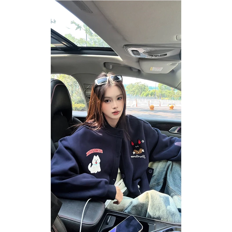 趣味卡通小狗毛巾绣开衫卫衣男女秋季宽松棒球服外套情侣夹克上衣