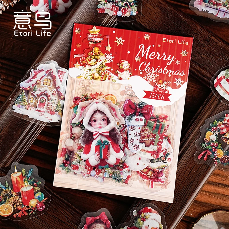 意鸟etori 圣诞奇遇 PET贴纸包 圣诞主题手账DIY素材装饰贴15张入