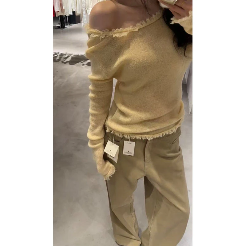 2025秋季慵懒风修身显瘦针织露肩上衣休闲百搭时尚阔腿长裤套装女