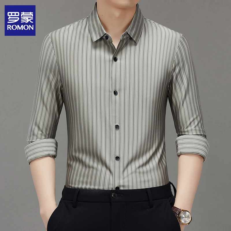 罗蒙条纹长袖中年夏季衬衫高档商务无痕修身休闲时尚春秋衬衣男装
