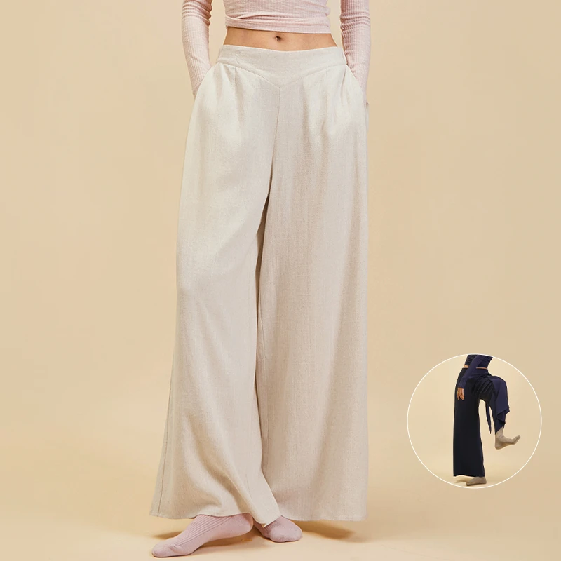 诗意花朵现代舞服棉麻裤麻本色藏青色现代舞阔腿裤宽松练功服诗意