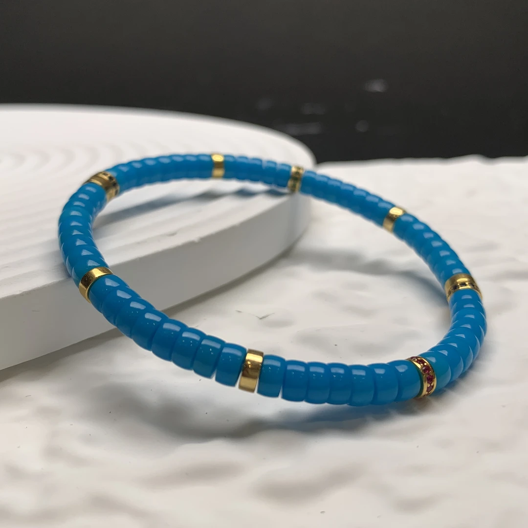 原矿绿松石18k金钻设计款高瓷玉化暴力蓝直切隔片单圈手串-5mm