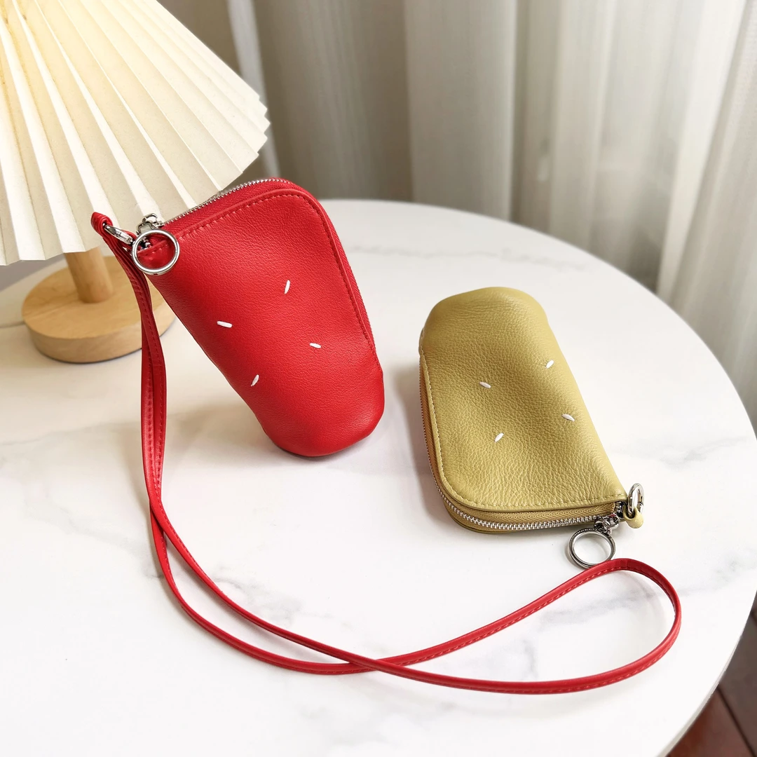 头层牛皮挂脖小包真皮锁匙口红耳机收纳包女士红色口网红零钱包女