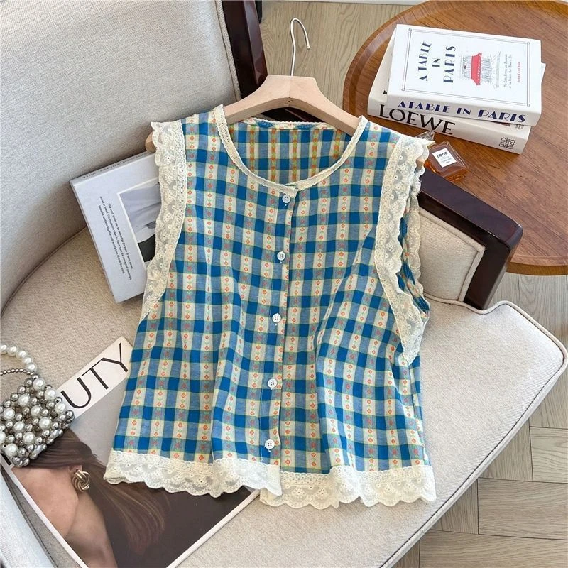 蕾丝拼接格子无袖衬衫女夏季宽松显瘦背心衬衣短款木耳边棉麻上衣
