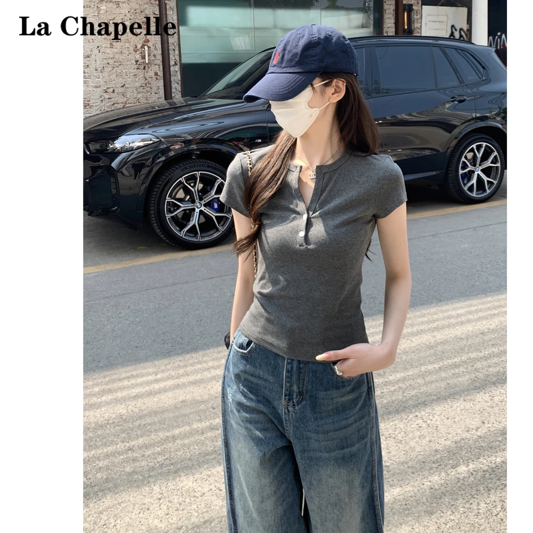 拉夏贝尔灰色正肩短袖T恤女2025夏季薄款半开领纽扣设计气质上衣
