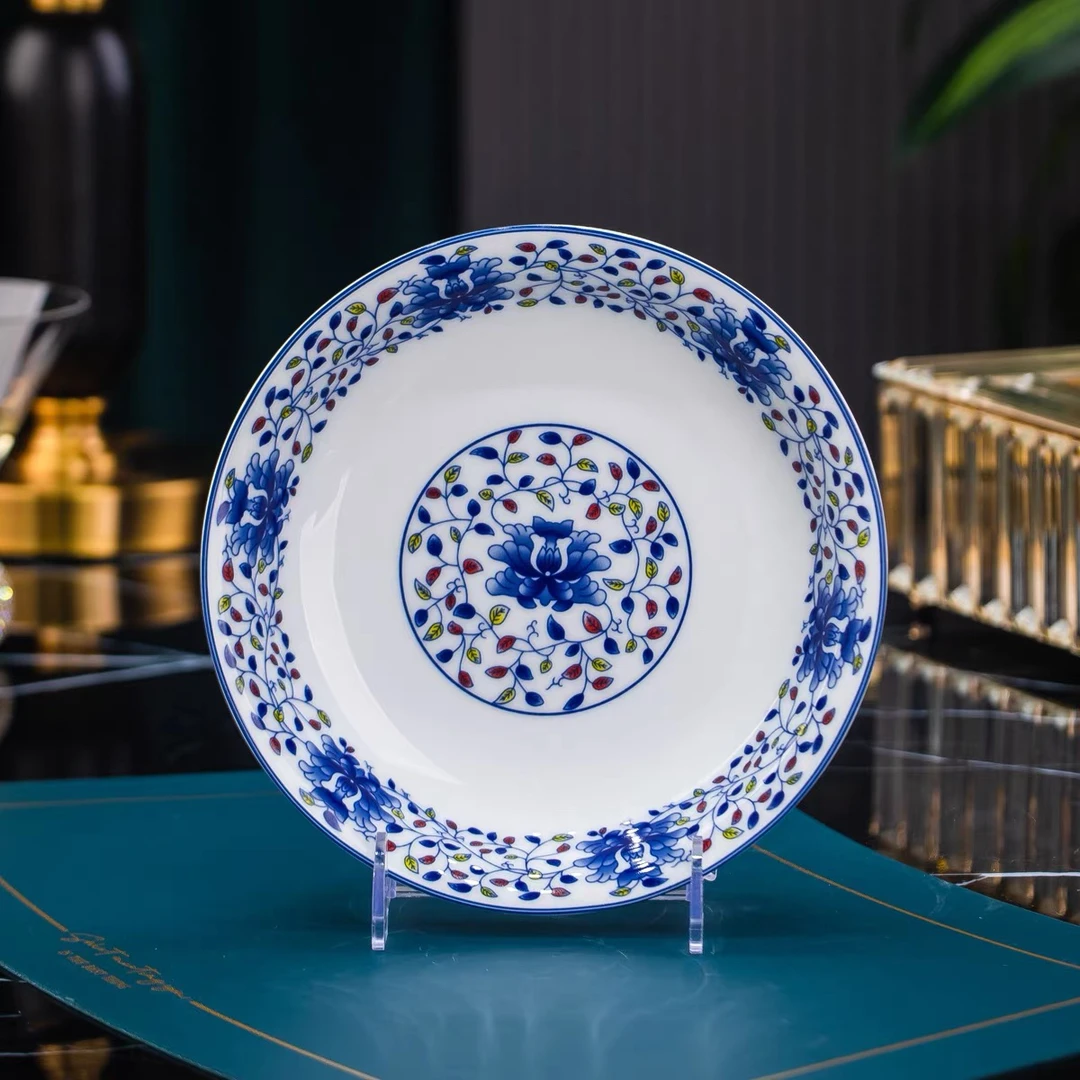 景德镇青花瓷五彩缠枝陶瓷菜盘子家用深盘平盘骨碟高温餐具釉下彩