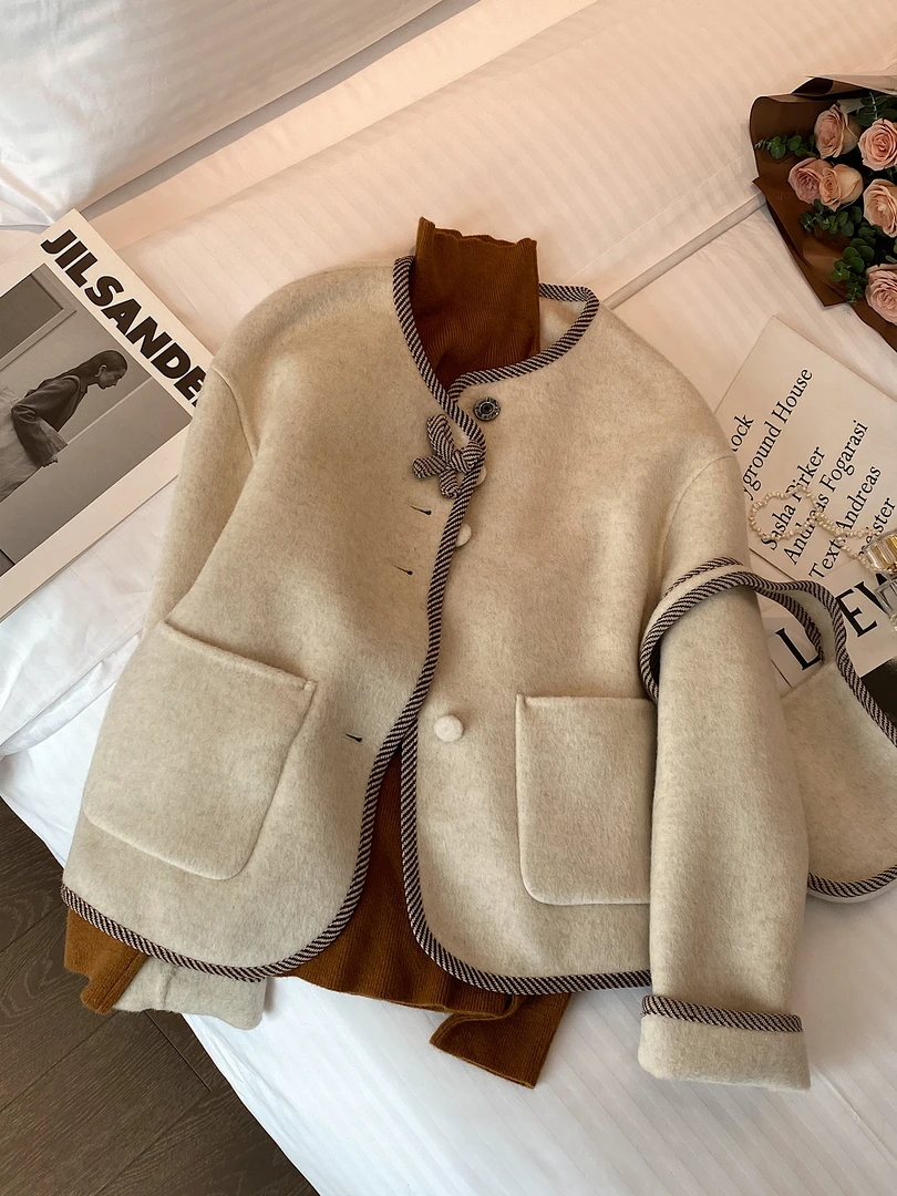 美式复古小香风撞色圆领上衣女2025秋季新款韩系高级感慵懒风外套