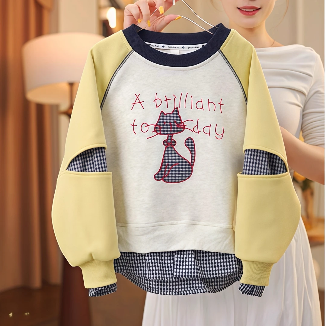 女童假两件加厚卫衣初秋2025新款猫咪刺绣格子拼接上衣洋气长袖潮