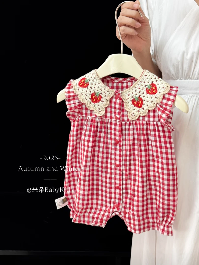 【品质优选】夏季新款婴儿衣服女宝宝洋气哈衣花边草莓格子连体衣