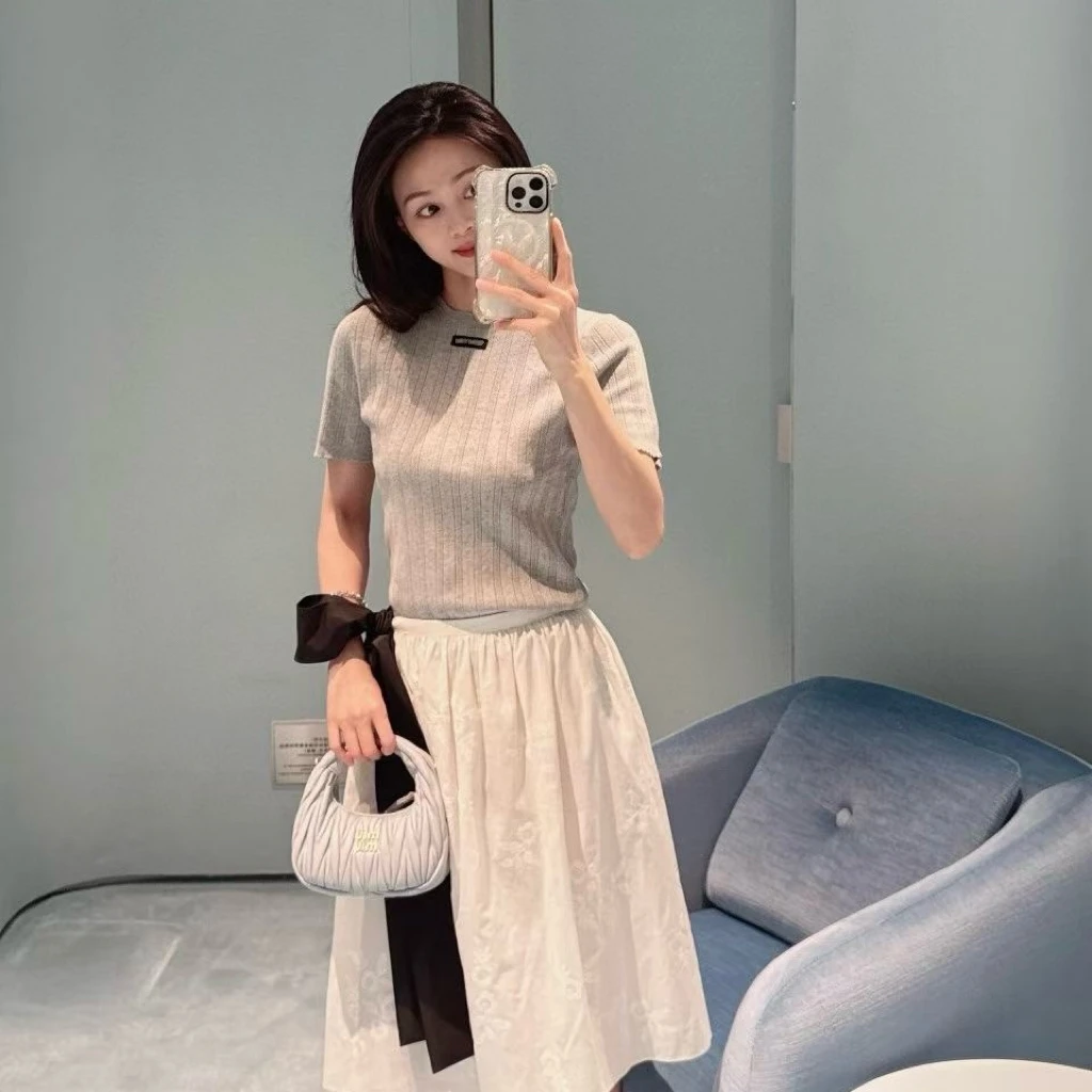 COSTUME007 夏季新款修身圆领提花针织衫短袖女