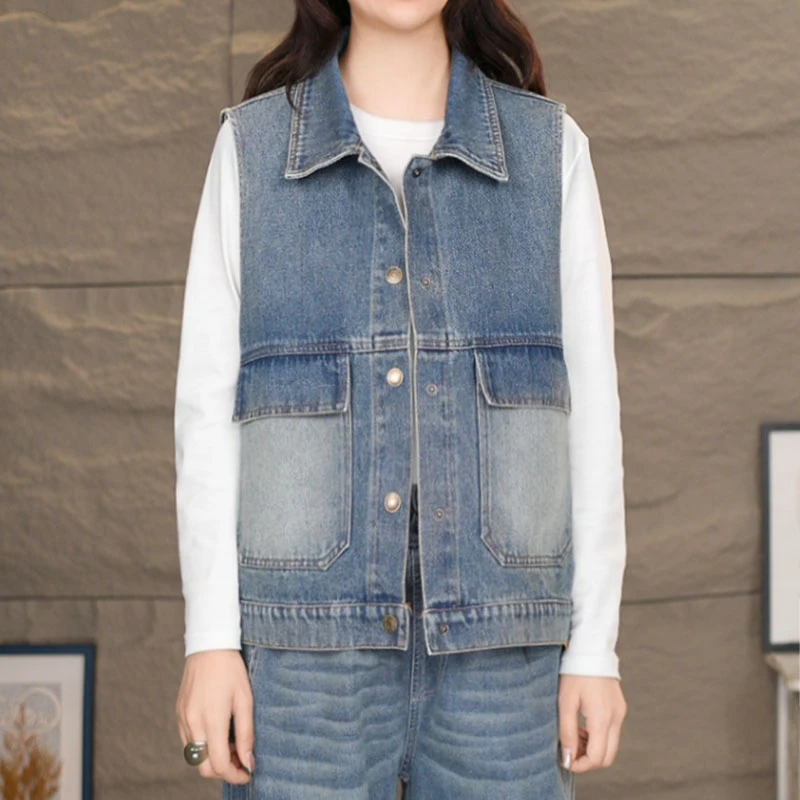 CK0331蓝#2025春季文艺牛仔马夹坎肩百搭背心贴布撞色牛仔马甲