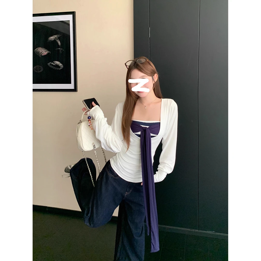 韩系撞色条纹抹胸背心女装早秋长袖防晒罩衫显瘦大码上衣两件套潮