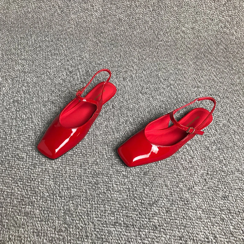 露涵思 小众方头一字带玛丽珍包头凉鞋女绝美配裙子漆皮芭蕾鞋女