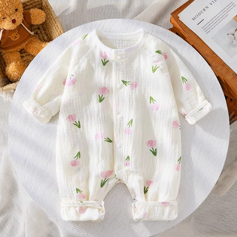 婴儿夏季纯棉纱布连体衣新生儿满月宝宝衣服棉纱女孩长袖睡衣哈衣