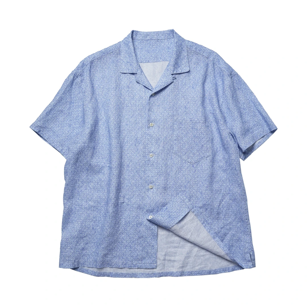 Shawclassy复古浅蓝母贝纹样 古巴领宽松休闲亚麻短袖衬衫