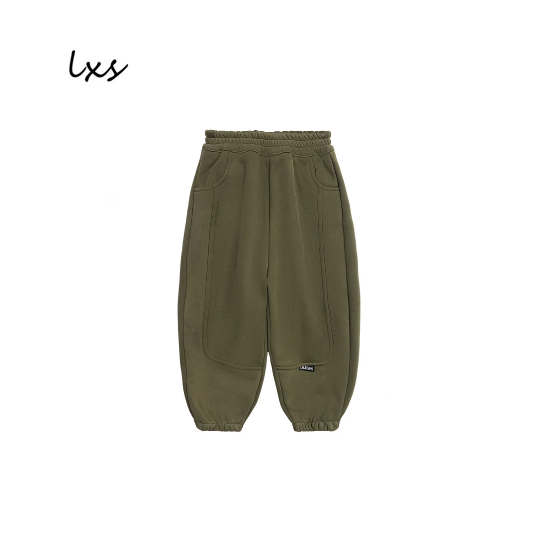 鹿小生童装冬季儿童加绒休闲韩版宽松时尚百搭休闲卫裤FK9005军绿