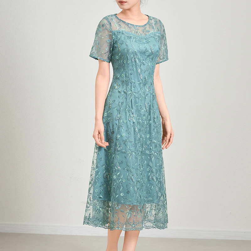 25178 夏亲肤连衣裙圆领修身显瘦时尚设计感蕾丝收腰裙子女士气质