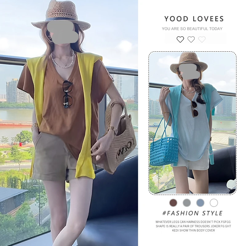 慵懒休闲风纯色V领百搭T恤短袖上衣夏季新款简约显瘦短裤修身套装