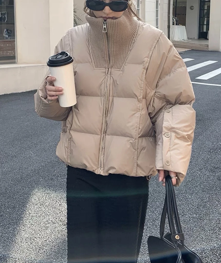 725毛线领羽绒服女2025冬季通勤时尚方格立领休闲百搭白鸭绒上衣