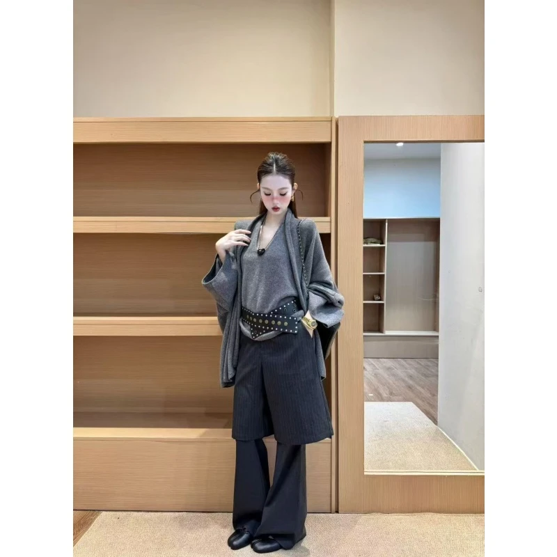 韩系不规则三角针织衫披肩外搭吊带挂脖内搭高腰休闲阔腿西装长裤