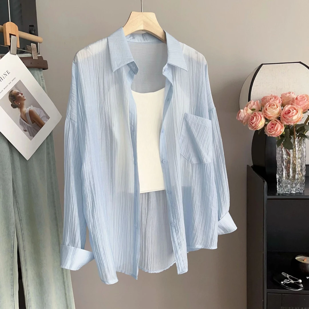 新款宽松显瘦天丝衬衫夏季百搭防晒外衣时尚潮流女装
