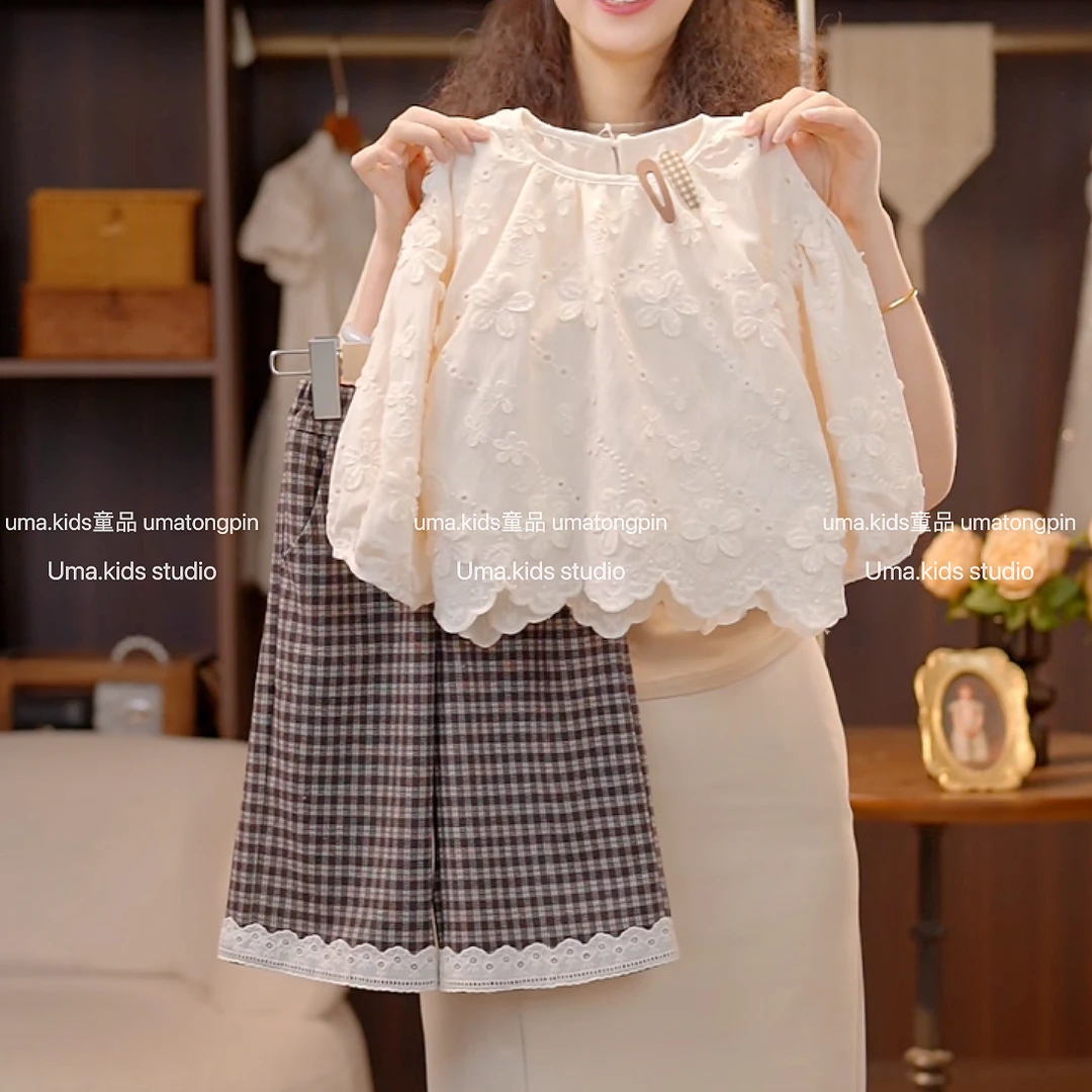 2025秋季森系花边儿童上衣+格子裤子套装女童长袖时尚洋气森系