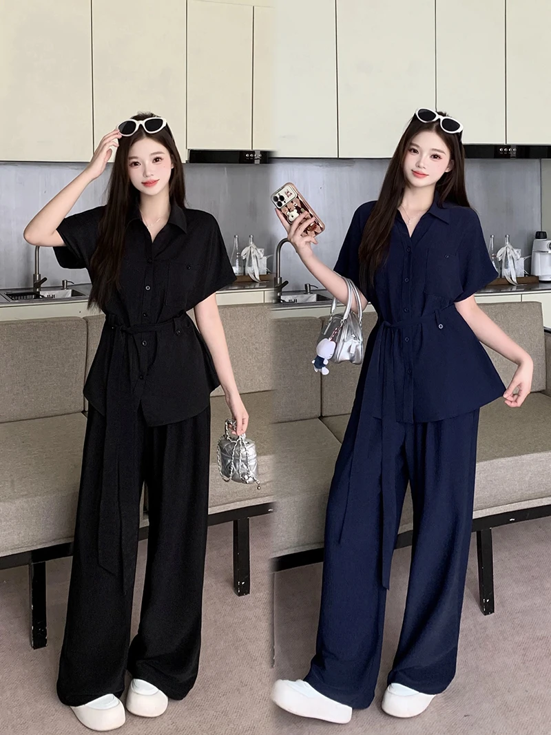 夏季新款胖mm大码女复古休闲气质系带短袖高腰阔腿裤套装22348