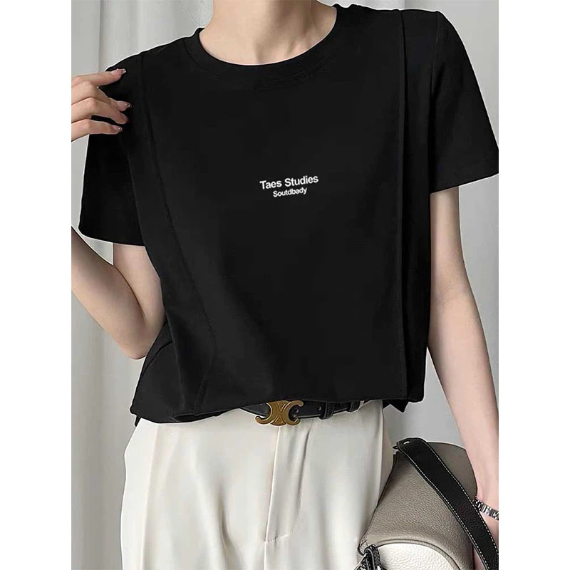 2025夏季新款正肩拉直条磨毛短袖t恤女小众时尚打底内搭圆领上衣