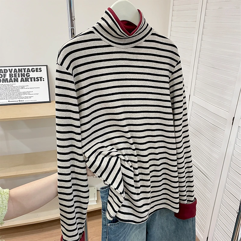 时尚洋气加厚磨毛内搭打底衫秋冬新款保暖半高领长袖t恤显瘦女装
